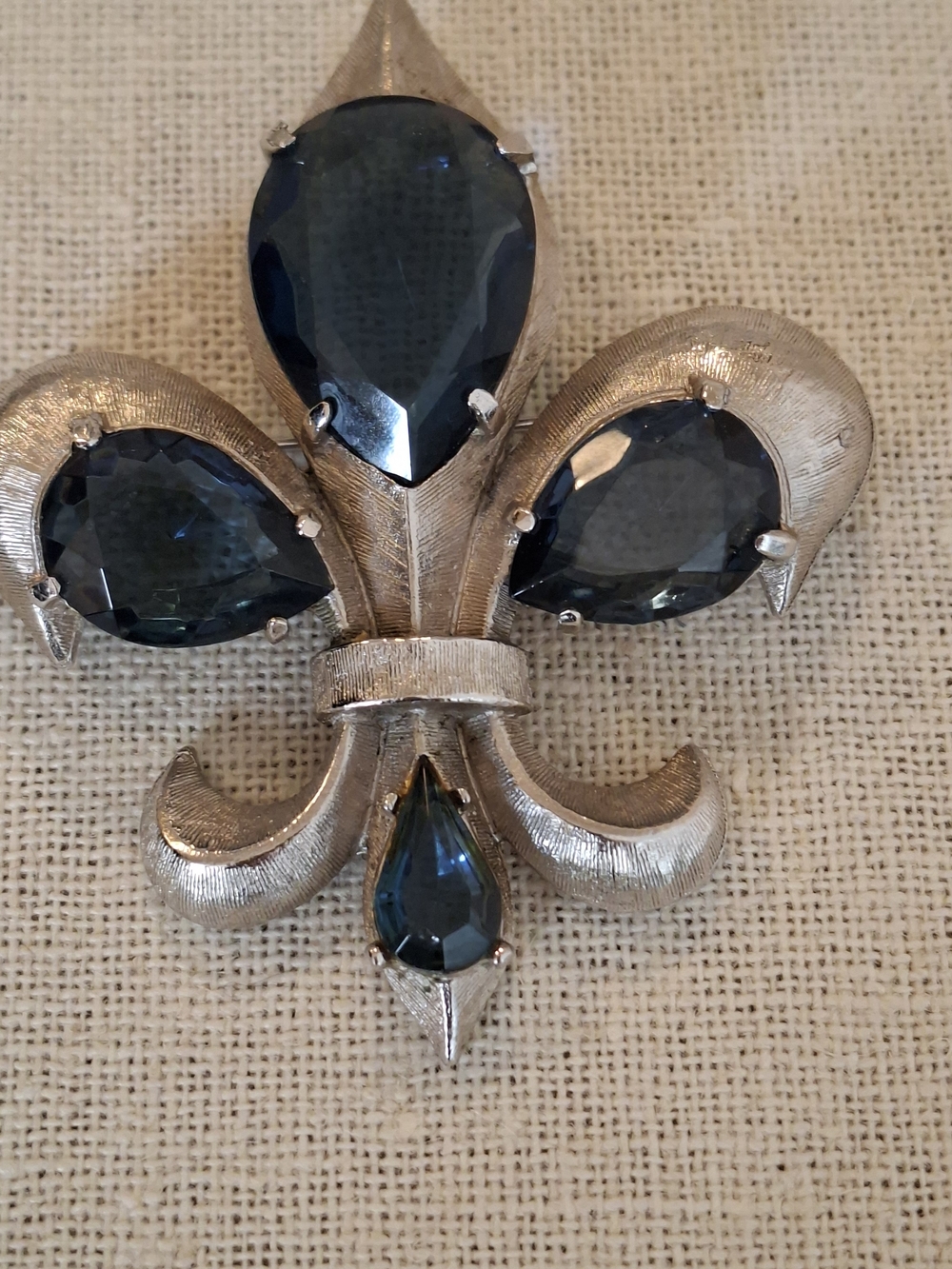 Fleur-de-Lis Silver-Tone Brooch with Deep Blue Stones